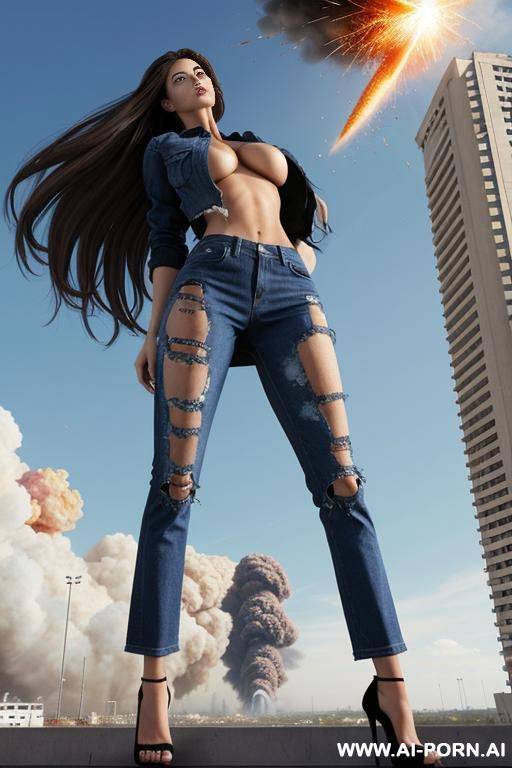 giantess as tall as the sky. giantess exploding out of a building. full body view. extremely tall growing giantess bursting through her ripped to shreds shrunken clothes that are too tight. - #main