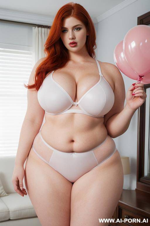 sexy redhead woman, beautiful face, wide hips, hourglass figure, huge massive obese bulked up thighs, white sexy underwear, room full of pink balloons, massive big gigantic legs - #main