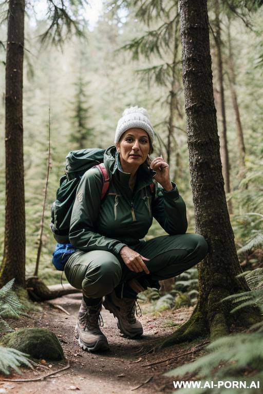 hiker crouching in forest, outdoor-clothes - #main