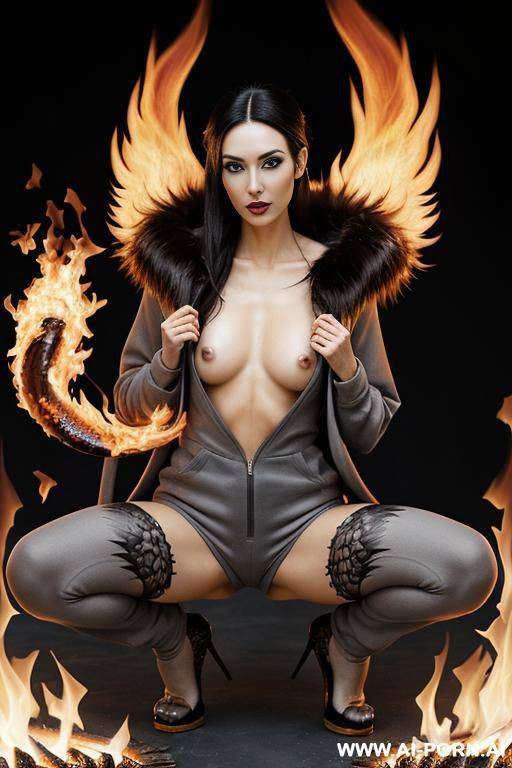 extremely tall supermodel cutie, slender, skiny, completely naked, super long legs, (((extremely long hair))), ((goddess of fire)), whole body covered in fire, surrounded by fire, epic, fantasy wings, - #main