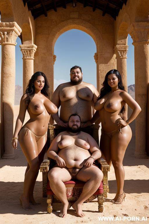 massive fat man on a throne, with 2 beautiful women standing. topless. thong. in a desert castle. feeding him dates. fan with palm leaves. drinking wine. grabbing breasts. - #main
