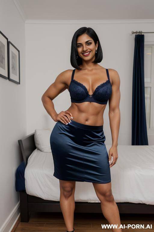 indian, short hair, fit, abs, curvy, muscular arms, big ass, tall, long legs, navel piercing, navy blue satin bra, navy blue pleat skirt, looking at camera, full body, stiletto, in bedroom - #main