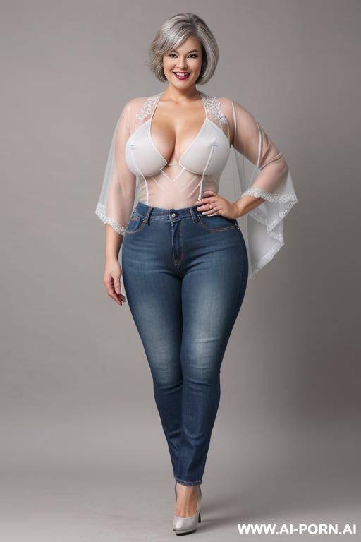(full body view) (mature woman) (short silver hair) (thick chubby body) (tight dark blue jeans) (white high heels) (white mesh blouse) - #main
