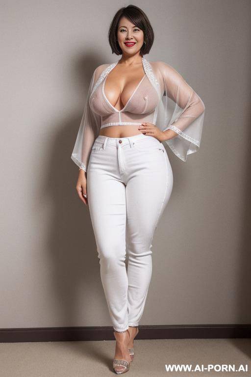 (full body view) (mature woman) (short silver hair) (thick chubby body) (tight jeans) (white high heels) (white mesh blouse) - #main