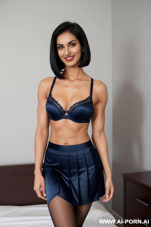 indian, short hair, fit, abs,, muscular arms, big ass, tall, long legs, navel piercing, navy blue satin bra, navy blue pleat skirt, looking at camera, full body, stiletto, in bedroom - #main