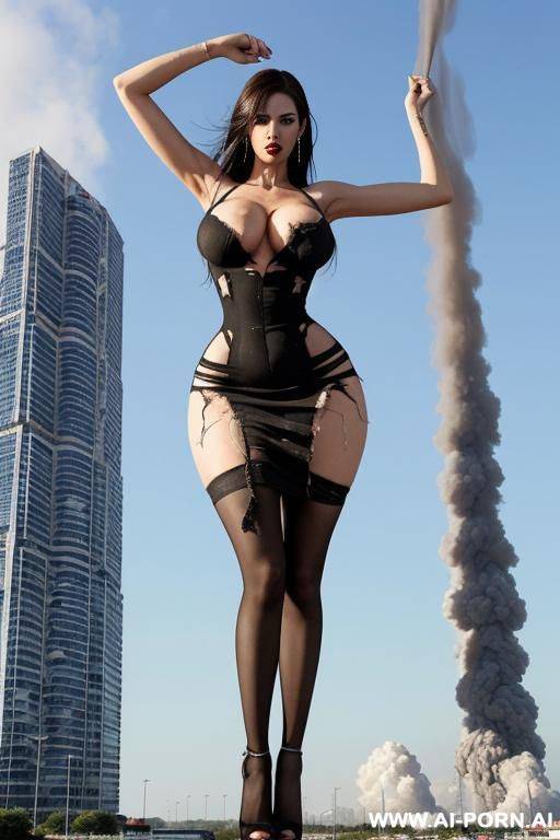 giantess as tall as the sky. full body view. extremely tall growing giantess bursting through her ripped to shreds shrunken dress that is too tight. clothes are in tatters and are exploding off her into bits - #main