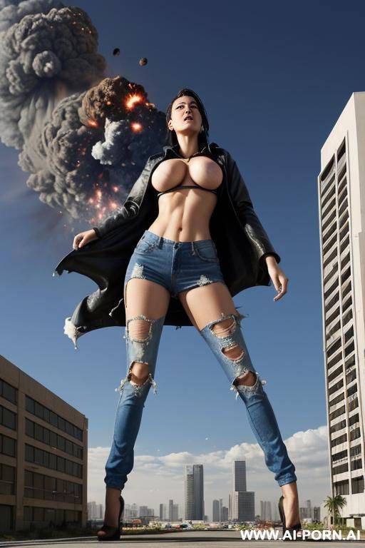 giantess as tall as the sky. giantess exploding out of a building. full body view. extremely tall growing giantess bursting through her ripped to shreds shrunken clothes that are too tight. clothes are in tatters and are exploding off her into bits - #main