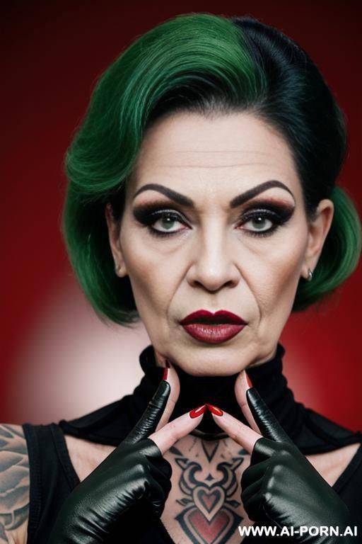 red fingerless short gloves, full tattooed, hard make-up, big green lips - #main