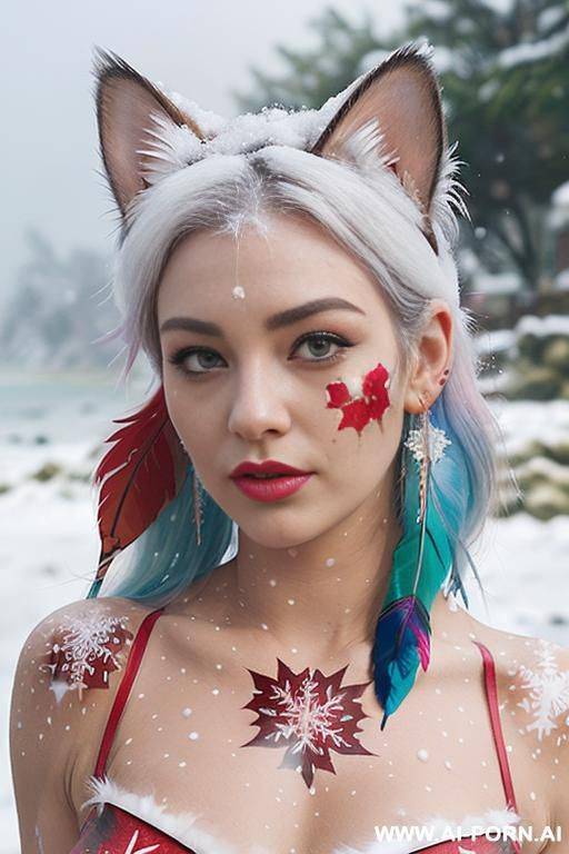 face, sexy, beautiful, ((face painting)), ((bikini as seashell)), ((tattoo roses)), ((eyes shw)), ((angel wings)), ((rainbow hair)), ((long bu hair)), ((wind)), (( cat face)), (( cat ears)), (((feather - #main
