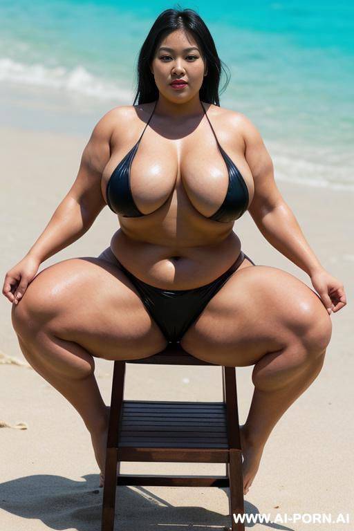 vietnamese, black hair, ponytail, happy, topless, panties, tits, standing, pool, (((huge massive gigantic bulked up thighs))), thick thighs, big massive legs, obese legs - #main