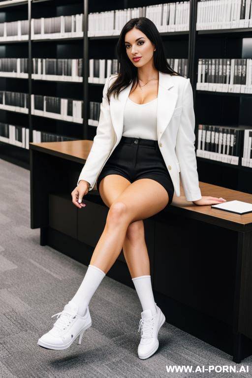 ahtletic shorts, sneakers, white high heels, black socks, black jacket - #main