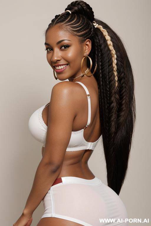 cheerleader, preppy, beautiful body, big boobs, big ass, detailed, excited, smiling, ebony, mid brown skin, eyes open wide, large hoop earrings, bra-less, two-tone tails braids hair, long hair, front view, cum on face - #main