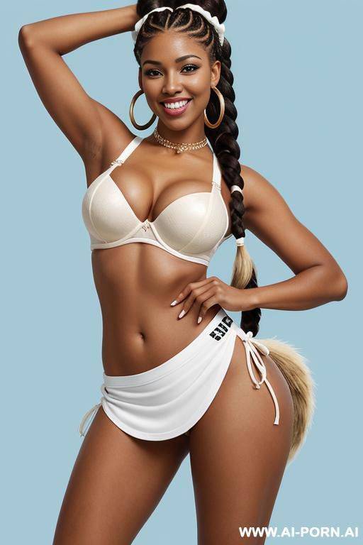 cheerleader, preppy, beautiful body, big boobs, big ass, detailed, excited, smiling, ebony, mid brown skin, eyes open wide, large hoop earrings, bra-less, two-tone tails braids hair, long hair, front view, cum on face, cartoon style - #main