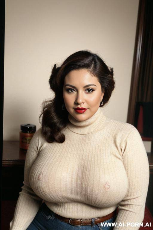 170s. vintage. 170s style. vintage. retro. milf. 38 years old. brown hair. busty. chubby. curvy. short. huge natural boobs. cutie babe face. latina. mexican. round-faced. lipstick. turtleneck sweater. flash tits. - #main