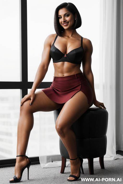 indian, short hair, fit, abs, curvy, muscular arms, big ass, tall, long legs, navel piercing, deep red bra, deep red pleat skirt, double slit skirt, looking at camera, full body, stiletto, in toom, sitting - #main
