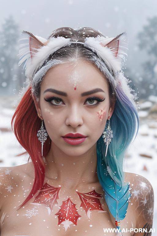 face, sexy, beautiful, ((face painting)), ((bikini as seashell)), ((tattoo roses)), ((eyes shw)), ((angel wings)), ((rainbow hair)), ((long bu hair)), ((wind)), (( cat face)), (( cat ears)), (((feather - #main