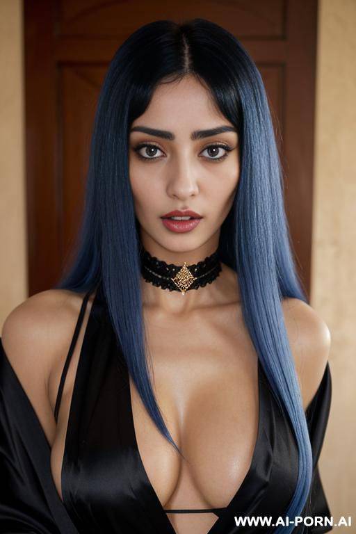sexy woman, with long blue hair, wearing a black silk bathrobe, red panties, and a diamond choker. - #main