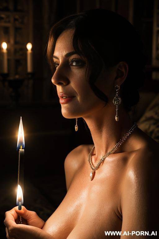beautiful woman in her forties, inside old castle, lighting with candles and a torch, lying naked on the bed, kissing another unknown beautiful woman, realistic face and skin, old fashion earring and necklace - #main