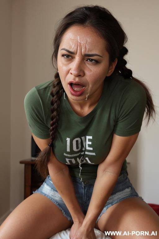 20 year old, latina, handcuffed, round ass, large breasts, angry expression, braided brown hair, denim shorts, green t-shirt, , full lips - #main