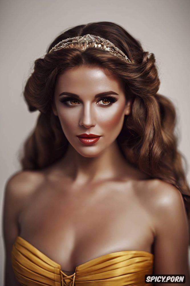 flowing low cut pale yellow ballgown, masterpiece, belle, long soft brown hair - #main