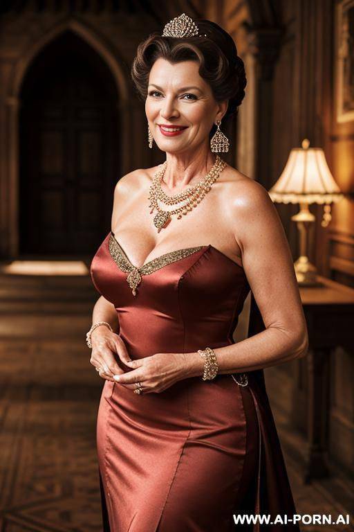 beautiful woman in her forties, inside old castle, dressed sexy as an old-fashioned queen, standing at the hall, smiling seductively, realistic face and skin, old fashion earring and necklace - #main