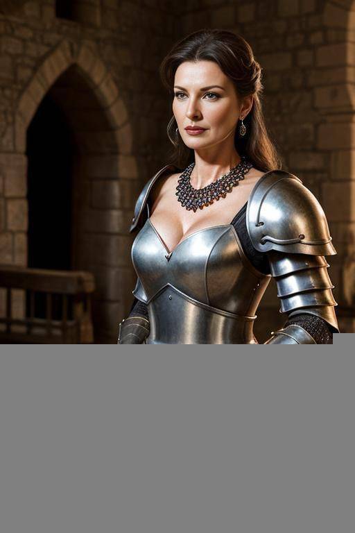 beautiful woman in her forties, inside old castle, dressed in armour sexy as an old-fashioned soldier , standing front of her castle, making speech for her soldiers, realistic face and skin, old fashion earring and necklace - #main
