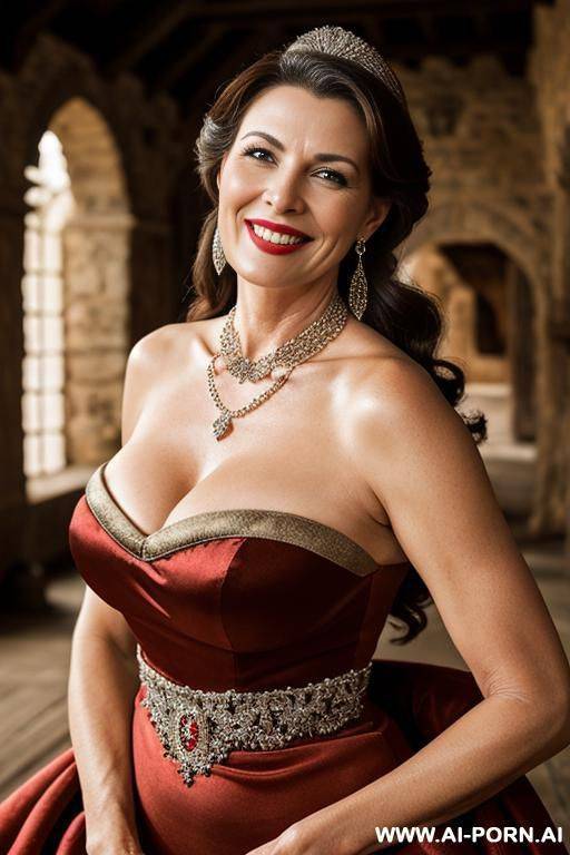 beautiful woman in her forties, inside old castle, dressed sexy as an old fashion queen, smiling seductively, realistic face and skin, old fashion earring and necklace - #main