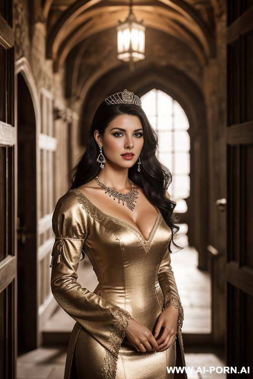 beautiful woman in her twenties, inside old castle, dressed sexy as a princess, standing in the hall, realistic face and skin, old fashion earring and necklace - #main