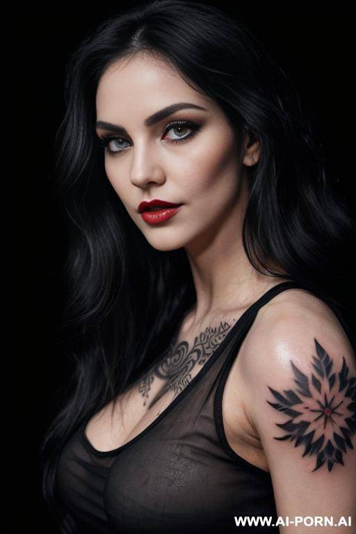 (long wavy hair) (black hair) (makeup) (smokey eyes) (red lips) (ideal facial ratios) (loose fitting white tank top) (see-through top) (athletic body) (large tattoo) (natural boobs) (erotic) (aroused) - #main