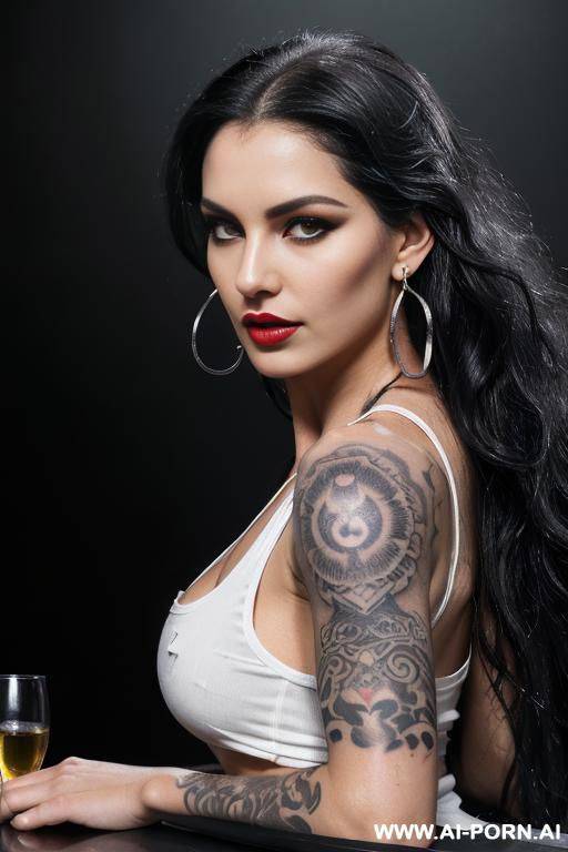 (long wavy hair) (black hair) (makeup) (smokey eyes) (red lips) (ideal facial ratios) (loose fitting white tank top) (showing side boob) (see-through top) (silver earrings) (athletic body) (large - #main