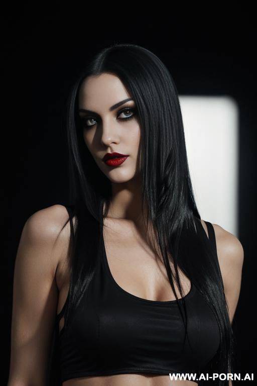 (gothic model) (long straight hair) (black hair) (makeup) (smokey eyes) (red lips) (ideal facial ratios) (loose fitting white tank top) (athletic body) (natural boobs) (erotic) (aroused) (flirty) (look - #main