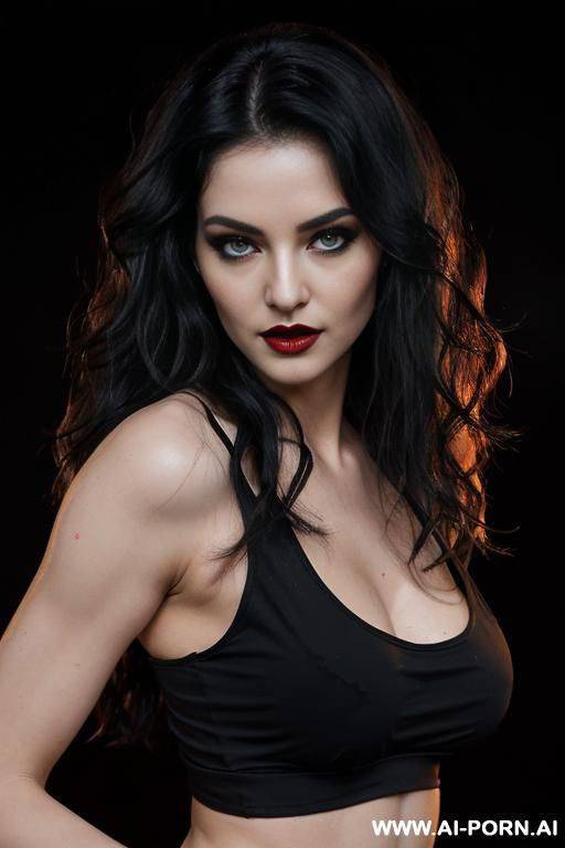 (long wavy hair) (black hair) (makeup) (smokey eyes) (red lips) (ideal facial ratios) (loose fitting white tank top) (showing side boob) (athletic body) (natural boobs) (erotic) (aroused) (flirty) - #main