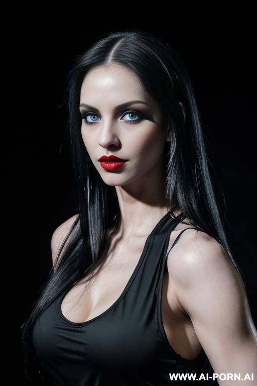 (gothic model) (long straight hair) (black hair) (makeup) (smokey eyes) (red lips) (blue eyes) (ideal facial ratios) (loose fitting white tank top) (athletic body) (natural boobs) (erotic) (aroused) - #main