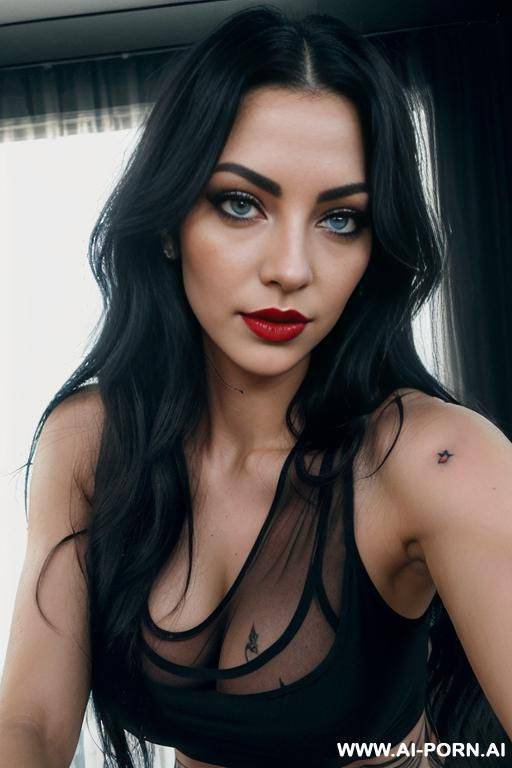 (ebony) (long wavy hair) (soft black hair) (makeup) (smokey eyes) (blue eyes) (long eyelashes) (red lips) (ideal facial ratios) (loose fitting white tank top) (see-through top) (athletic body) (large - #main