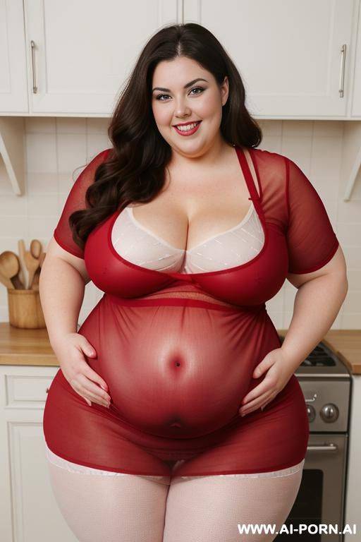 pear shaped, bbw, wearing tight red apron, big belly - #main