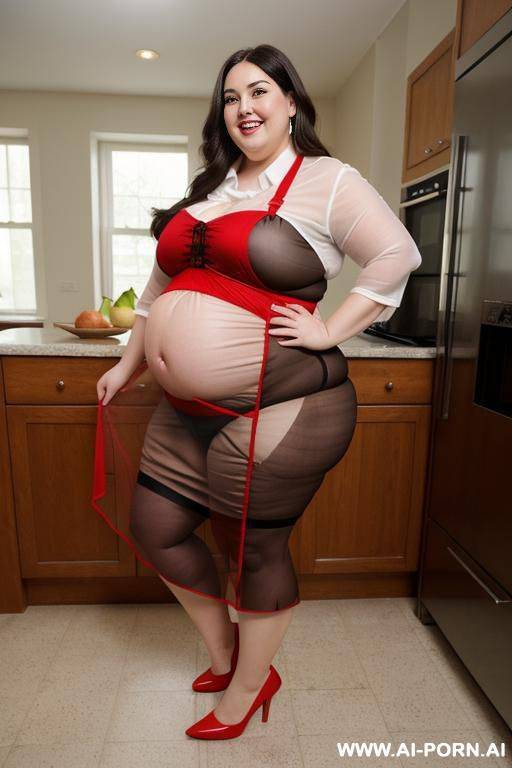 pear shaped, bbw, very obese, 00 pounds, wearing tight red apron, big belly - #main