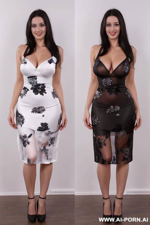 brunette, very long black dress with white and pasterl flowers, dense floral pattern all the dress - #main