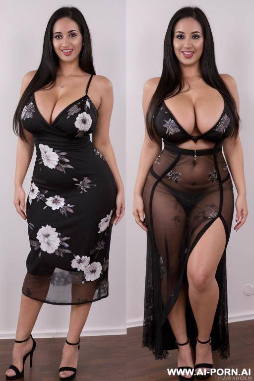 brunette, very long black dress with white and pasterl flowers, and dense floral pattern covering all the dress - #main