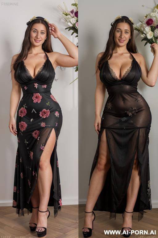 brunette, european, green eyes, very long black dress with white and pasterl flowers, and dense floral pattern covering y percent of the dress, completely random new face, low cleavage - #main