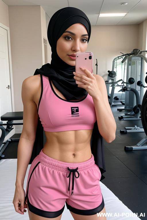hijab, gym shorts, gym bra, bedroom, pink - #main