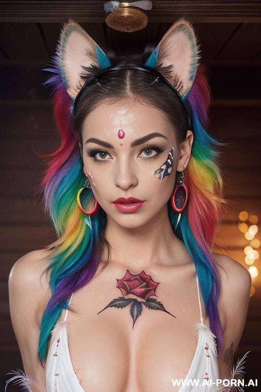 face, sexy, beautiful, ((face painting)), ((bikini as seashell)), ((tattoo roses)), ((eyes shw)), ((angel wings)), ((rainbow hair)), ((long bu hair)), ((wind)), (( cat face)), (( cat ears)), (((feather - #main