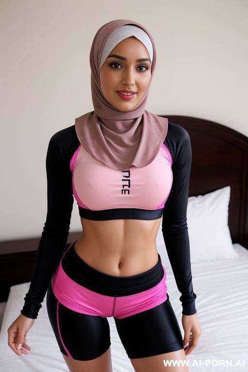 hijab, spandex shorts, pushup bra, bedroom, pink - #main