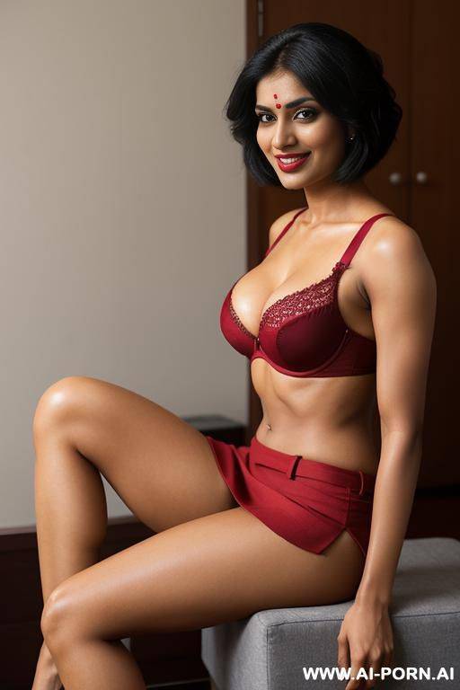 indian, short hair, fit, abs, muscular arms, big ass, tall, long legs, navel piercing, deep red bra, deep red pleat skirt, double slit skirt, looking at camera, full body, stiletto, in room, sitting - #main