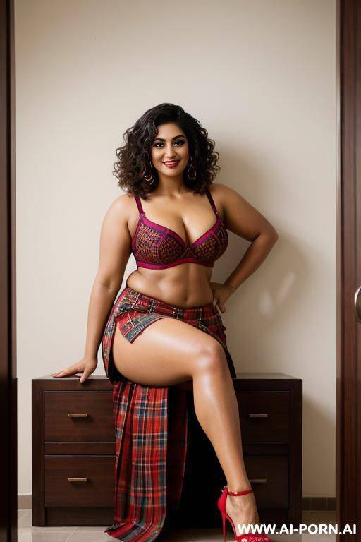 indian, short hair, fit, abs, curvy, muscular arms, big ass, tall, long legs, navel piercing, deep red bra, deep red pleat skirt, double slit skirt, looking at camera, full body, stiletto, in room, sitting - #main