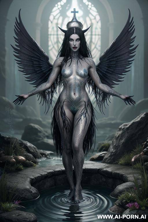extremely tall supermodel cutie, completely naked, half asian, goddess of the sea, goddess of fantasy creatures, very long watery hair, fantasy hair made of water, fantasy goddess powers, water - #main
