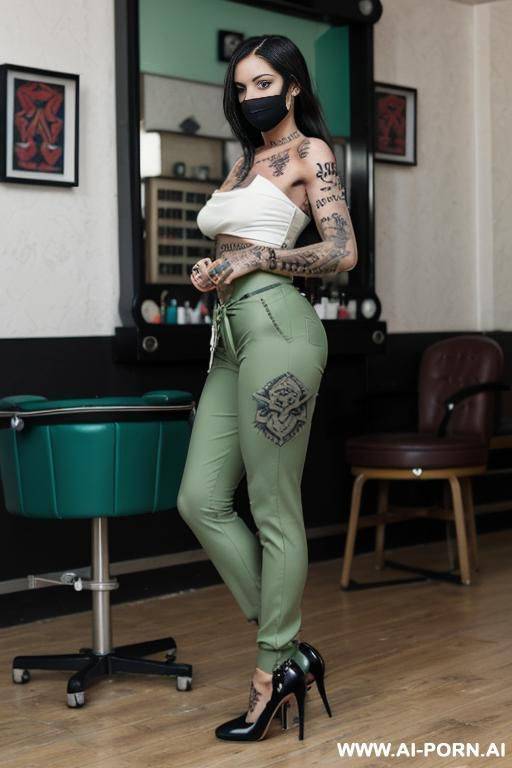 the model should wear croat top and ordinary pant and her face should be covered eyes mask, green high heels, white high knee socks, green hairy pussy - #main