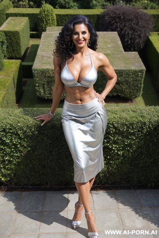 indian, fit, abs, muscular arms, big ass, tall, long legs, navel piercing, silver bra, silver pleat skirt, looking at camera, full body, stiletto, in garden - #main