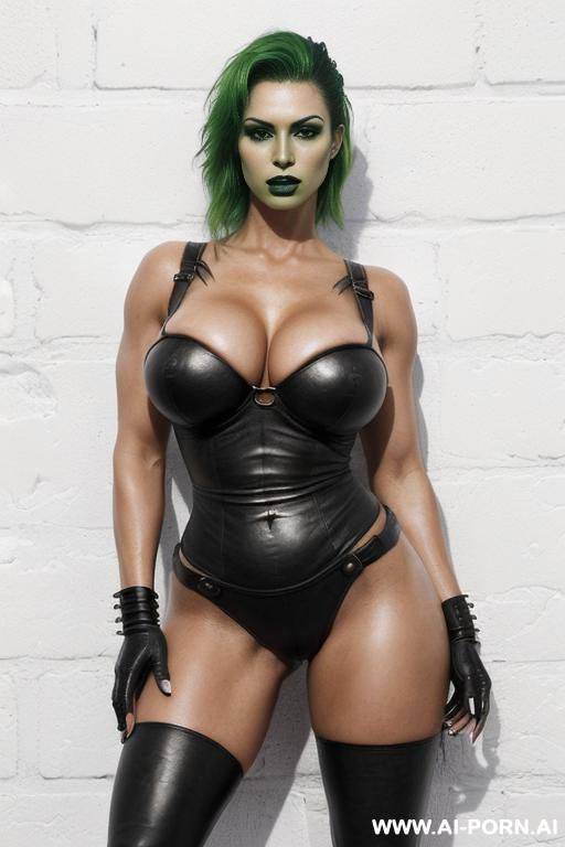 (((very beautiful face, gorgeous body, athletic build, toned body, strong legs and arms, juicy thighs, curvy figure, natural big breasts))) ((the green mohawk, black lipstick, black lipstick on lips, - #main