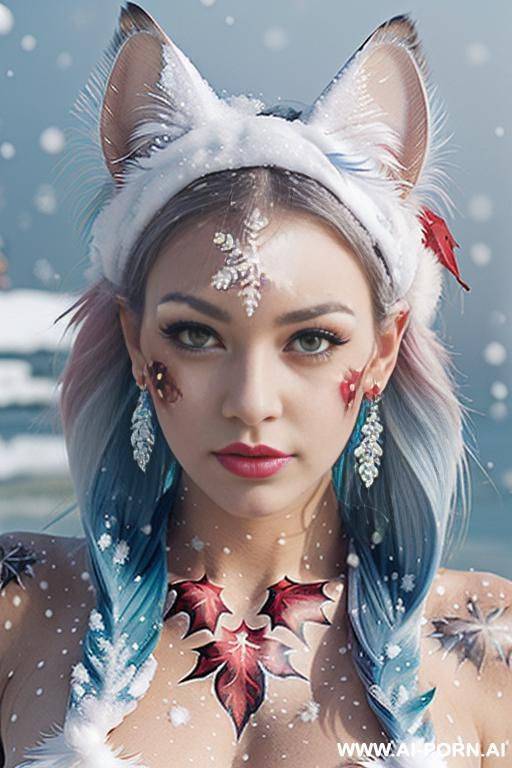 face, sexy, beautiful, ((face painting)), ((bikini as seashell)), ((tattoo roses)), ((eyes shw)), ((angel wings)), ((rainbow hair)), ((long bu hair)), ((wind)), (( cat face)), (( cat ears)), (((feather - #main