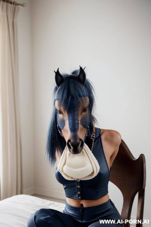 the model should wear croat top and ordinary pant and her face should be covered eyes mask - #main